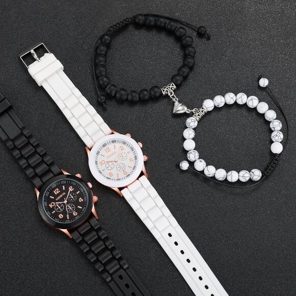 Geneva Couple Watches Silicone Band Quartz Magnetic Heart Beads Bracelets Set main image 4
